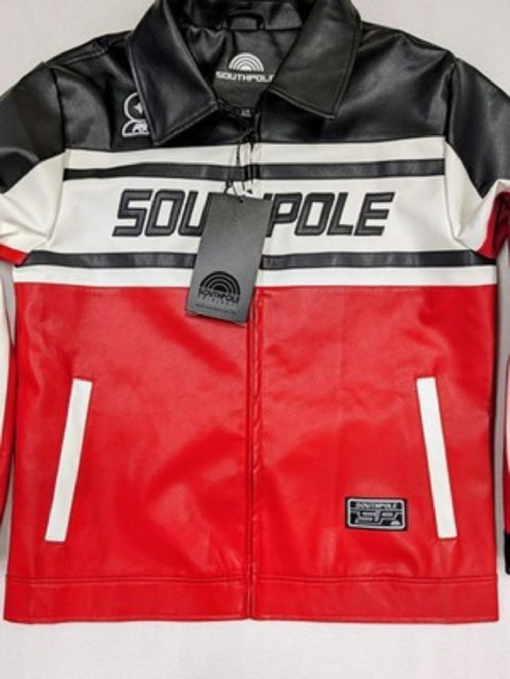 New Southpole Colorblock Faux Leather Full Zip Jacket Red & Black